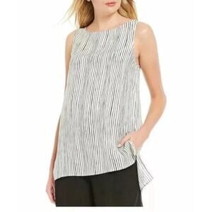 Eileen Fisher Striped Silk Georgette Tank Top L Crepe Bateau Neck Black White